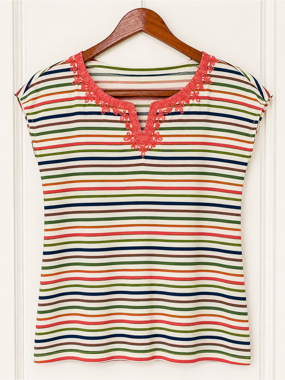 Talbots Multicolor Striped Cap-Sleeve Top with Coral Crochet Trim Sparkle